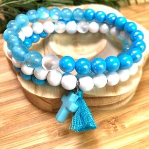 Blue and White Beaded Stretch Bracelets